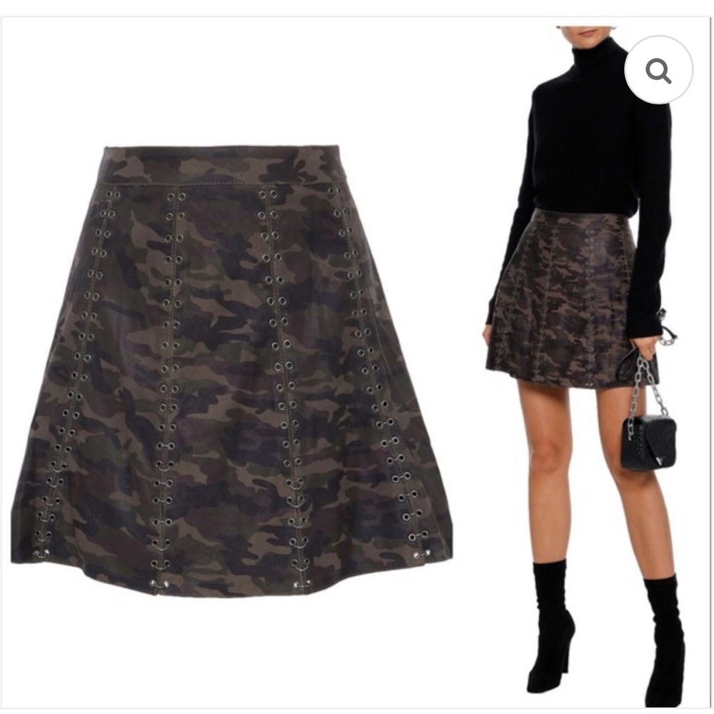 Haute Hippie Camouflage A-Line Skirt with Eyelet Accents